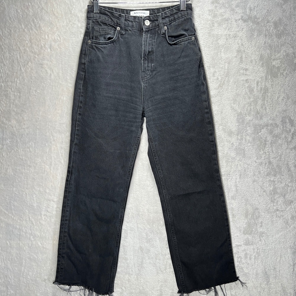Reformation Wide Leg Jeans Size 25 Black/Charcoal Raw Hem Sustainable Denim